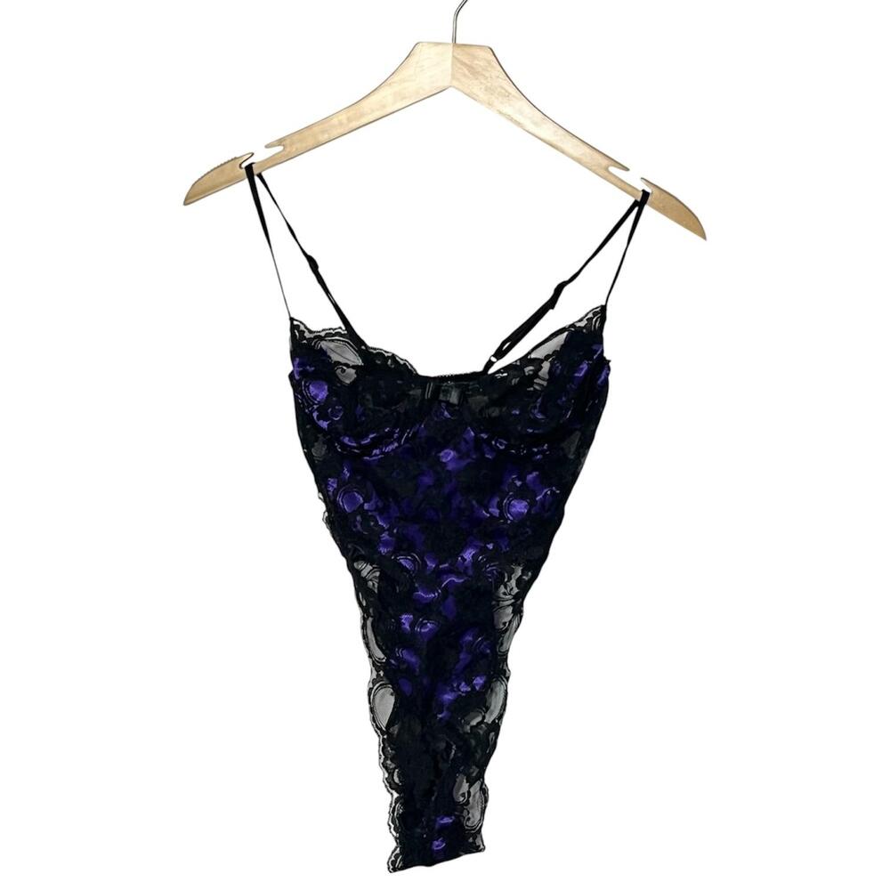 Victoria's Secret VTG Crown 70s Teddy Womens Petite Black Purple Lace Bodysuit